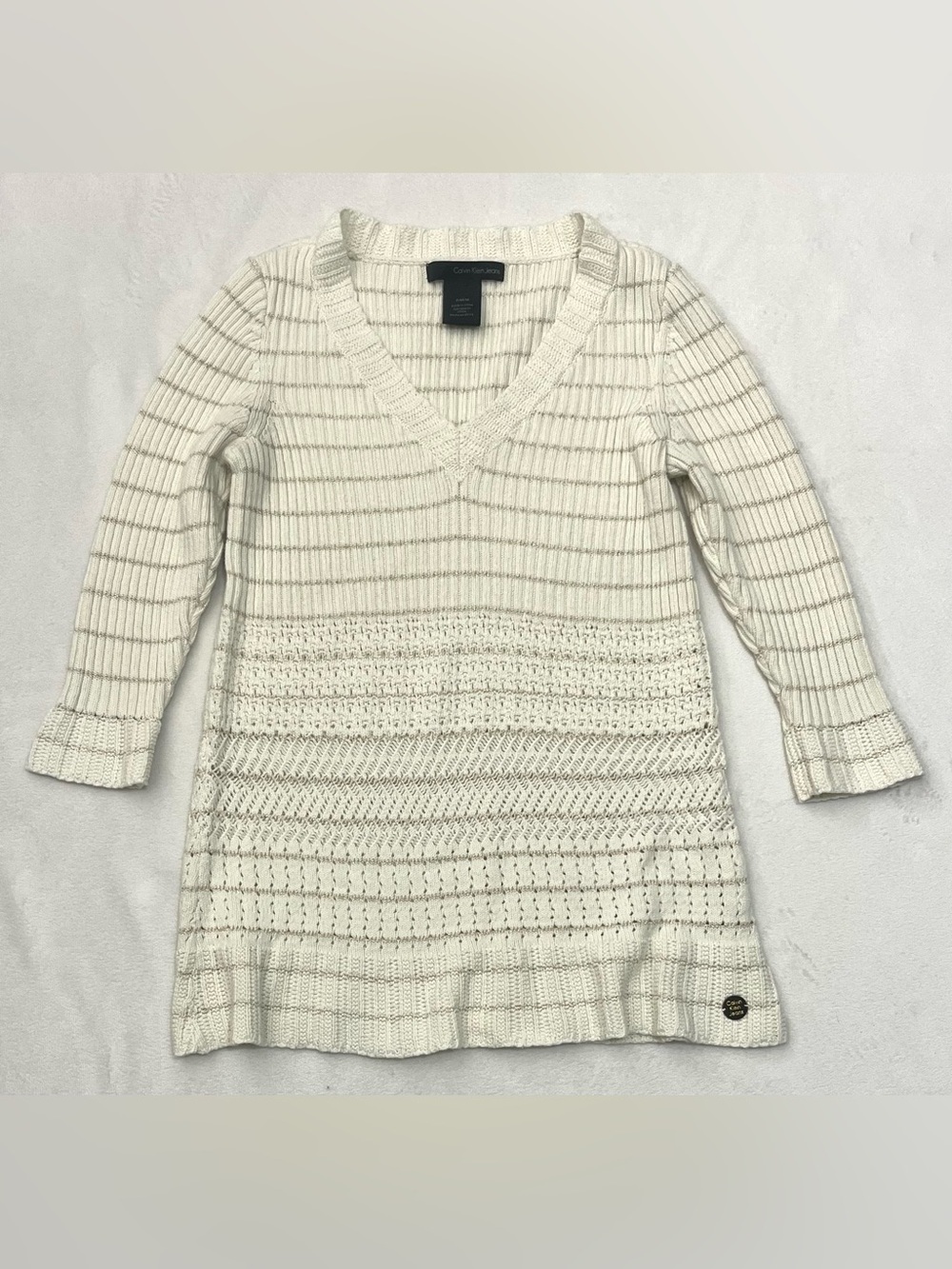 Calvin Klein Women’s 3/4 Sleeve Cream Gold Knit Cotton Blend Sweater Petite Med